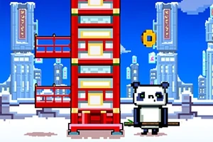 Panda pixelado al lado de una torre roja en un paisaje urbano nevado con edificios altos al fondo