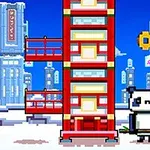 Panda pixelado al lado de una torre roja en un paisaje urbano nevado con edificios altos al fondo