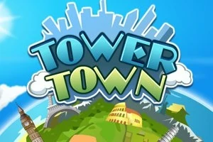 Texto Tower Town sobre un paisaje con monumentos icónicos y una ciudad en el horizonte, bajo un cielo azul