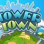 Texto Tower Town sobre un paisaje con monumentos icónicos y una ciudad en el horizonte, bajo un cielo azul