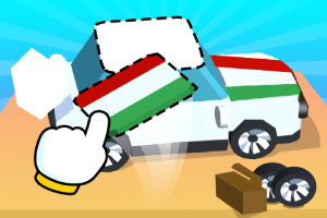 Un automóvil blanco en proceso de ensamblaje con una mano señalando una pieza tricolor, sobre un fondo azul y una base amarilla