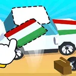 Un automóvil blanco en proceso de ensamblaje con una mano señalando una pieza tricolor, sobre un fondo azul y una base amarilla