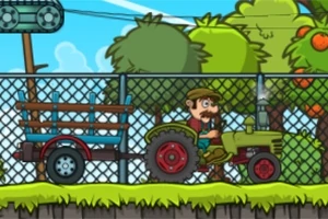 Un personaje con bigote conduce un tractor verde con un remolque sobre un fondo de árboles y cielo azul