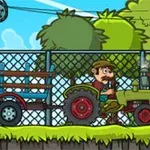 Un personaje con bigote conduce un tractor verde con un remolque sobre un fondo de árboles y cielo azul