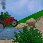 Tractor rojo cruzando un río con grandes rocas y un molino de viento en el fondo