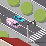 Una carretera con un coche azul y una camioneta rosa junto a árboles redondos y un semáforo en una intersección peatonal