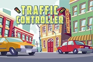 Ilustración de una intersección urbana con dos autos en movimiento y edificios coloridos a su alrededor