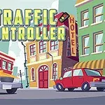 Ilustración de una intersección urbana con dos autos en movimiento y edificios coloridos a su alrededor