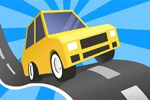 Caricatura de un auto amarillo sobre una carretera que se curva, con un fondo de rayos azules y blancos