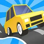 Caricatura de un auto amarillo sobre una carretera que se curva, con un fondo de rayos azules y blancos