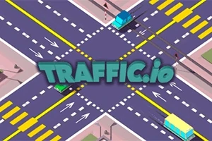 Ilustración de un cruce de caminos en una intersección con varios carriles y vehículos de colores junto al texto TRAFFIC