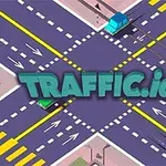 Ilustración de un cruce de caminos en una intersección con varios carriles y vehículos de colores junto al texto TRAFFIC