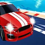 Auto deportivo rojo con franjas blancas corriendo en una pista cerca del agua