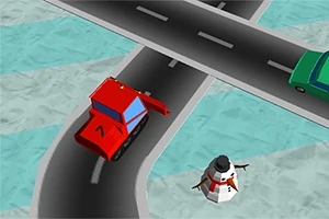 Un vehículo rojo en un cruce de caminos con un muñeco de nieve y un coche verde cerca
