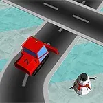 Un vehículo rojo en un cruce de caminos con un muñeco de nieve y un coche verde cerca