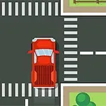 Intersección de calles con un coche rojo y un coche amarillo en carreteras con líneas de cruce peatonal