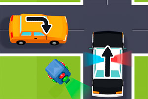 Cruce vial con un coche naranja girando y un camión negro y blanco avanzando recto, en una intersección con semáforo