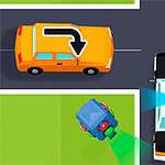 Cruce vial con un coche naranja girando y un camión negro y blanco avanzando recto, en una intersección con semáforo