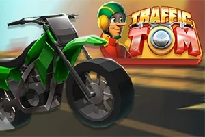 Moto verde estilizada con fondo movido y un personaje con casco verde en la esquina, junto a un logotipo colorido