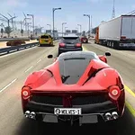 Coche deportivo rojo en una carretera rodeado de tráfico, con camiones y autos en un paisaje desértico