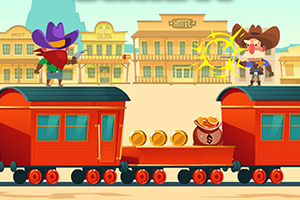 Dos personajes en un tren en el viejo oeste, uno apuntando con un arma y otro con sombrero púrpura, con monedas y un saco de dinero entre ellos