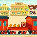 Dos personajes en un tren en el viejo oeste, uno apuntando con un arma y otro con sombrero púrpura, con monedas y un saco de dinero entre ellos