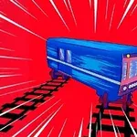 Tren azul sobre un riel con fondo rojo y líneas dinámicas blancas