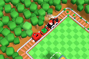 Tren rojo pequeño avanzando sobre una vía con un entorno de árboles verdes y un área cuadrada verde a su lado