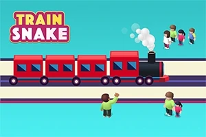 Un tren rojo de varios vagones circula sobre rieles, con personas al fondo y una figura saludando en un fondo azul