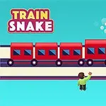 Un tren rojo de varios vagones circula sobre rieles, con personas al fondo y una figura saludando en un fondo azul