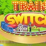 Ilustración colorida de un tren en una vía circular con árboles de fondo y texto Train Switch al frente