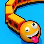 Emoticon amarillo con ojos grandes y lengua afuera, conectado a un tren de bloques amarillos y naranjas sobre un fondo azul