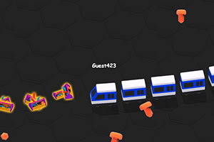 Tren azul y blanco moviéndose en un fondo hexagonal negro con objetos coloridos y naranjas alrededor