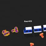 Tren azul y blanco moviéndose en un fondo hexagonal negro con objetos coloridos y naranjas alrededor