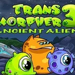 Tres criaturas alienígenas coloridas y caricaturescas en un paisaje nocturno con una nave espacial y una estructura antigua al fondo