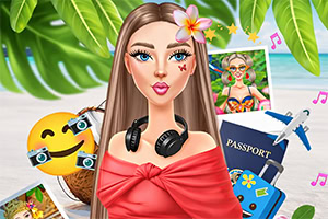 Ilustración de una chica con cabello largo y top rojo, audífonos al cuello y tatuajes en la cara, rodeada de hojas tropicales, un emoji sonriente, fotos de viaje, un pasaporte y un avión con notas musicales