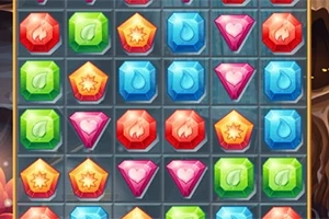 Interfaz con una cuadrícula llena de gemas coloridas de diferentes formas y colores, como rojas, verdes, azules y rosas
