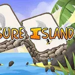 Título Treasure Island con letras naranjas frente a un fondo de palmeras y mar