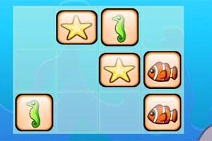 Cuadro de juego con imágenes de estrellas de mar, caballitos de mar y peces tropicales sobre un fondo azul