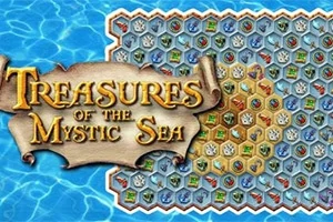 Un tablero hexagonal lleno de iconos coloridos con un pergamino en el lado izquierdo que dice Treasures of the Mystic Sea sobre un fondo de agua azul