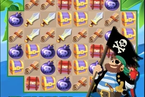 Cuadrícula con íconos de espadas, cofres, pergaminos, bombas y cajas TNT, acompañado de un pirata sonriente con un parche y bandera de calavera