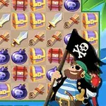 Cuadrícula con íconos de espadas, cofres, pergaminos, bombas y cajas TNT, acompañado de un pirata sonriente con un parche y bandera de calavera