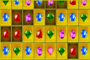 Una cuadrícula llena de gemas de colores brillantes en fondo amarillo