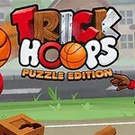 Un jugador de baloncesto animado lanzando una pelota hacia una canasta con el texto Trick Hoops Puzzle Edition en el fondo