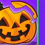 Calabaza de Halloween con una expresión de alegría y parte superior levantada sobre un fondo morado