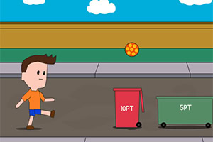Un niño animado patea una pelota hacia botes de basura con puntos numerados en una calle
