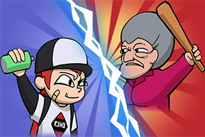 Dos personajes de estilo caricaturesco enfrentados, uno con gorra y aerosol, y otro con cabello gris y un bate, separados por un rayo diagonal