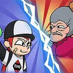 Dos personajes de estilo caricaturesco enfrentados, uno con gorra y aerosol, y otro con cabello gris y un bate, separados por un rayo diagonal