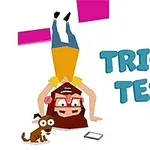 Persona haciendo el pino con lentes rojos junto a un perro pequeño y un dispositivo, con las palabras Tricky Test a la derecha