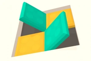 Bloques geométricos en colores amarillo y verde esmeralda formando una figura tridimensional, proyectados sobre un fondo claro